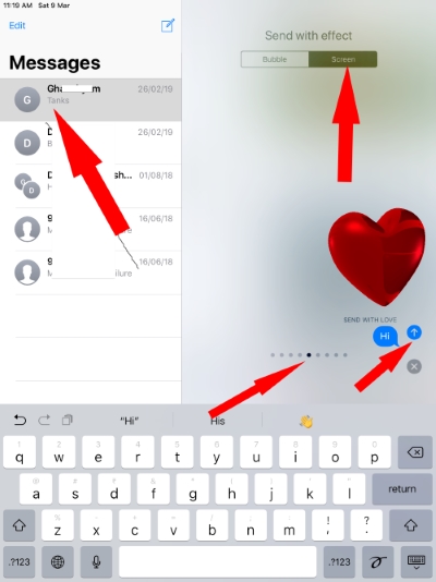 Love Effect on iPad iMessage that Send Heart with text message