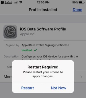 5 Restart Required on start install iOS 11 beta