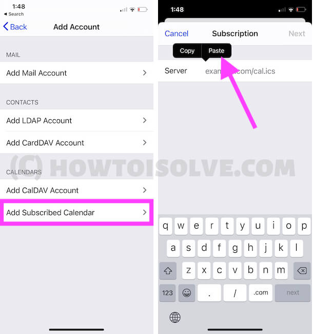 Add Subscribed Calendar on iPhone settings app