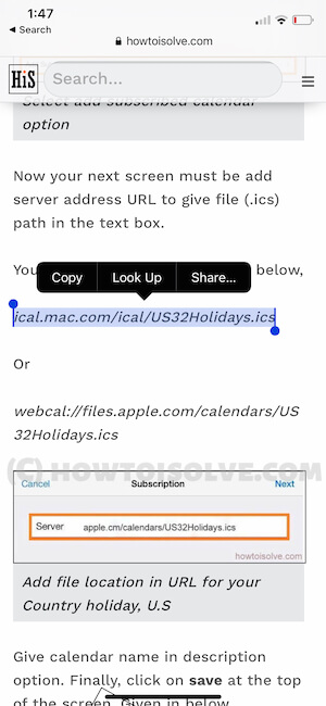 Select and Copy the ics calendar file from browser