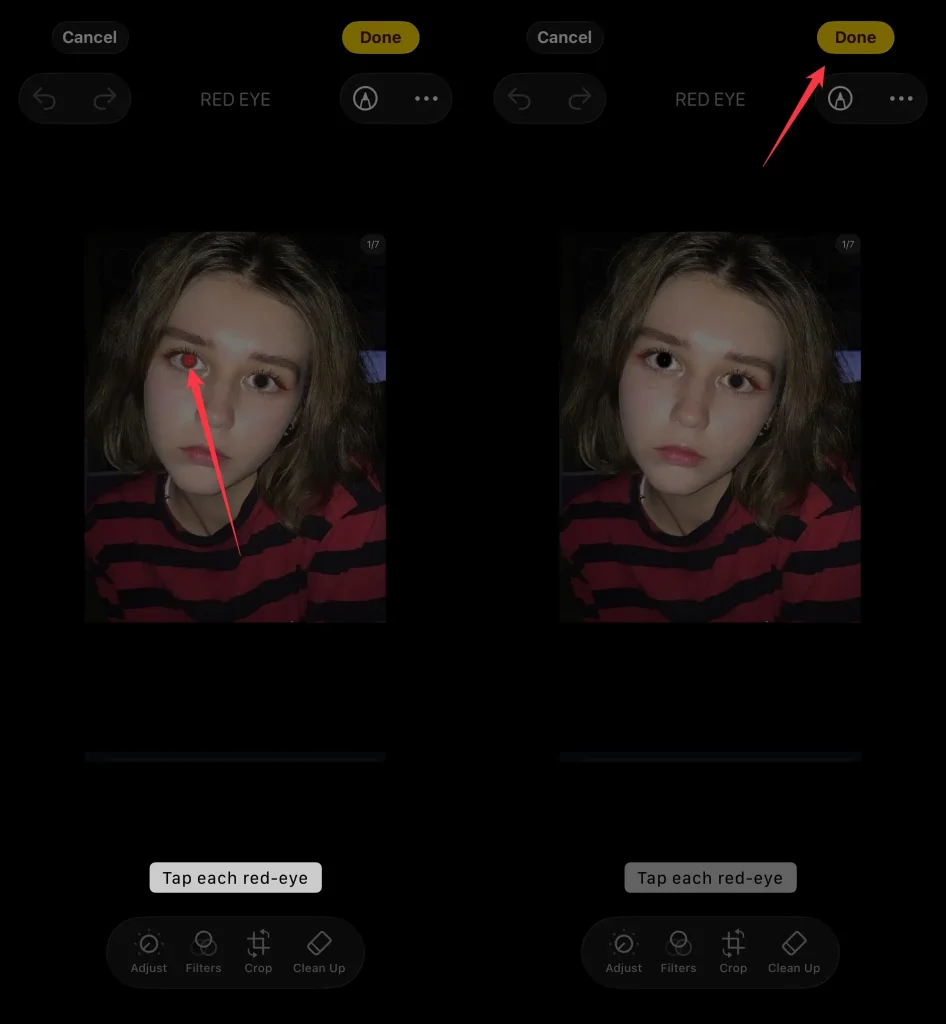 Tap each red-eye and tap on done