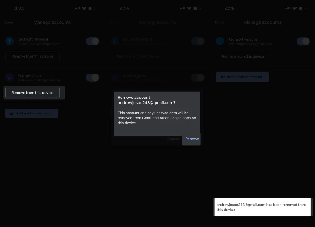 This account and any unsaved data will be removed from Gmail and other Google apps on this device