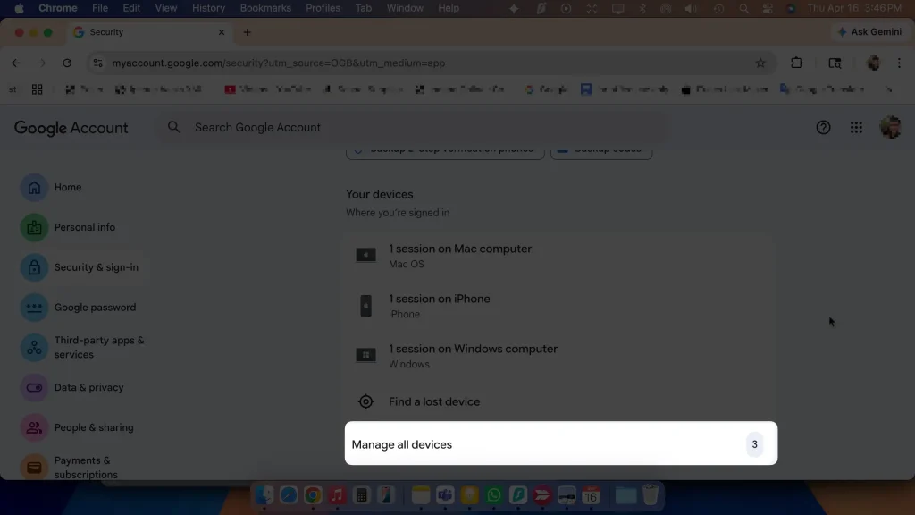 Your devices Where you're signed in manage all devices settings in google