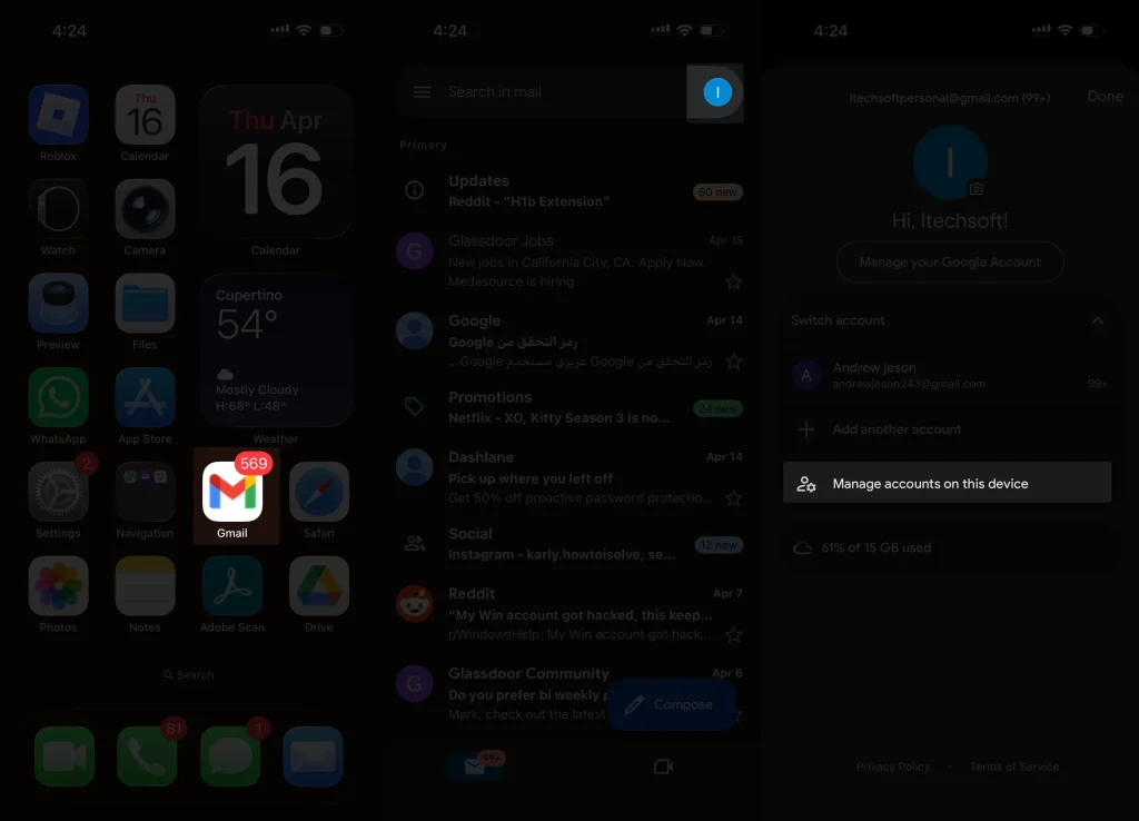 how to access gmail app to get setting of Manage accounts on this device