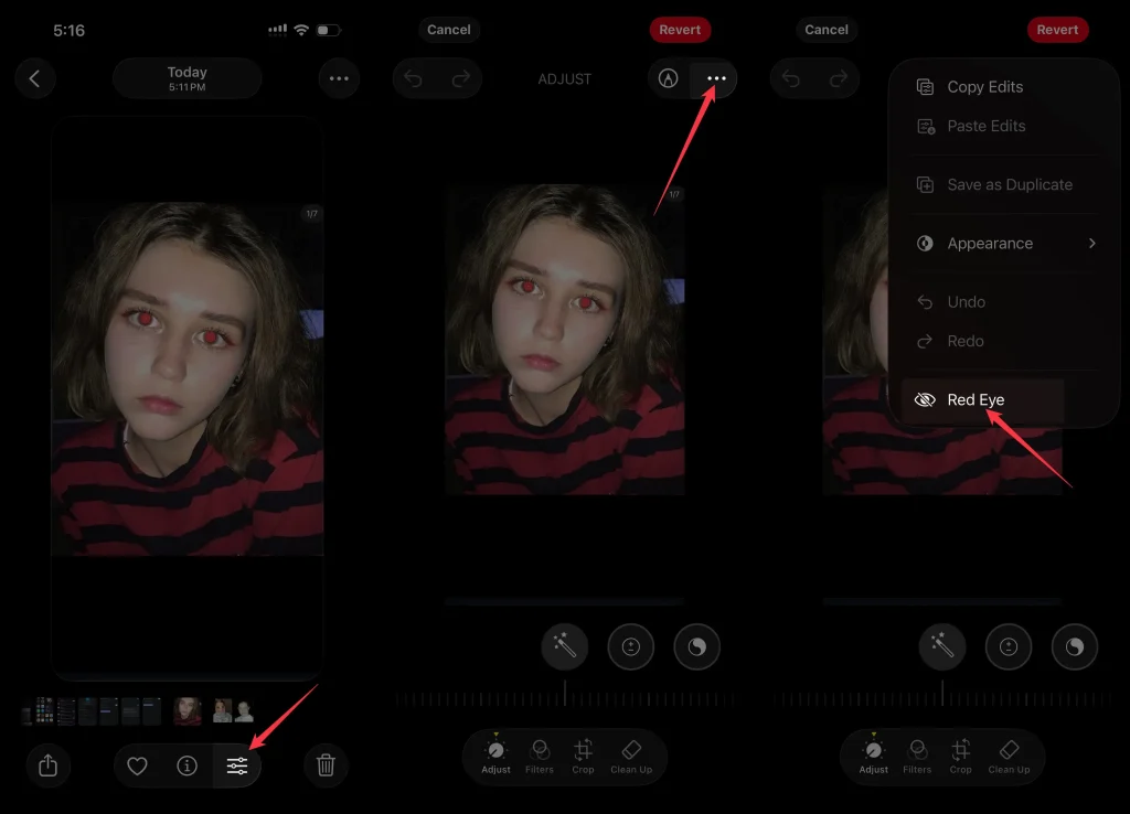 tap on red eye to remove on iPhone photos app