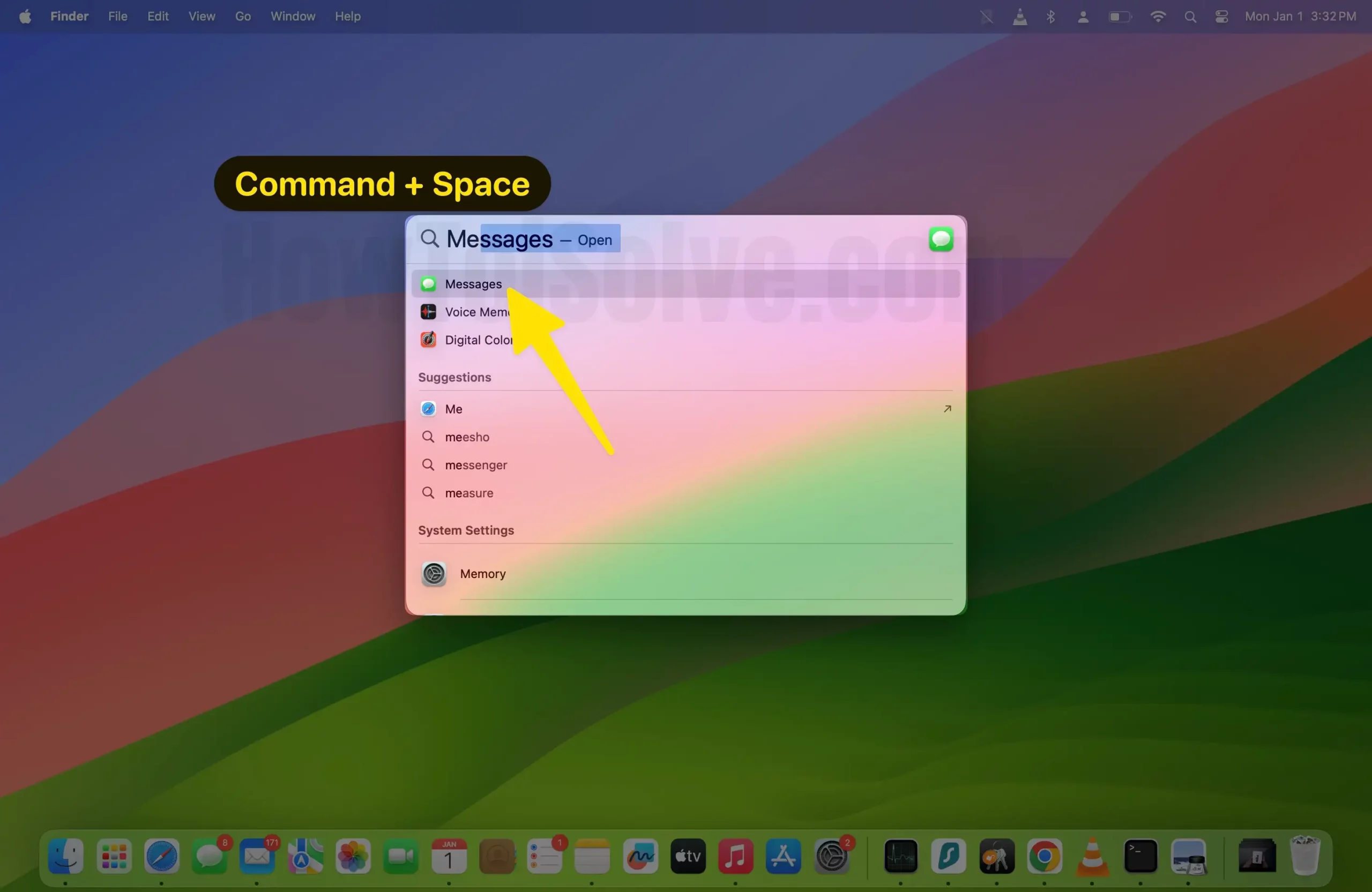 Command + space messages app on mac