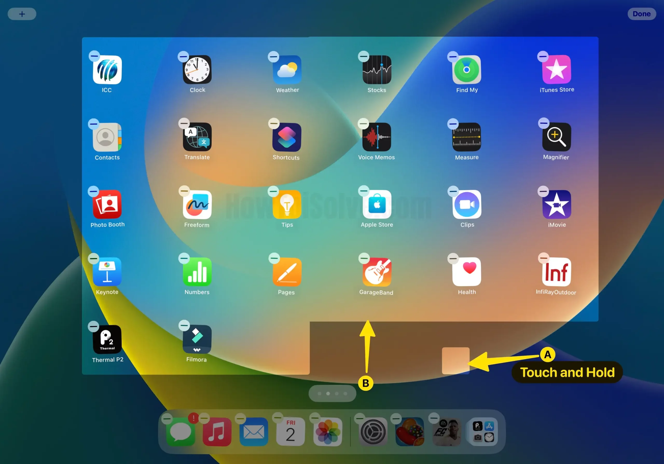 Touch and Hold Empty Area until the apps start to jiggle on iPad