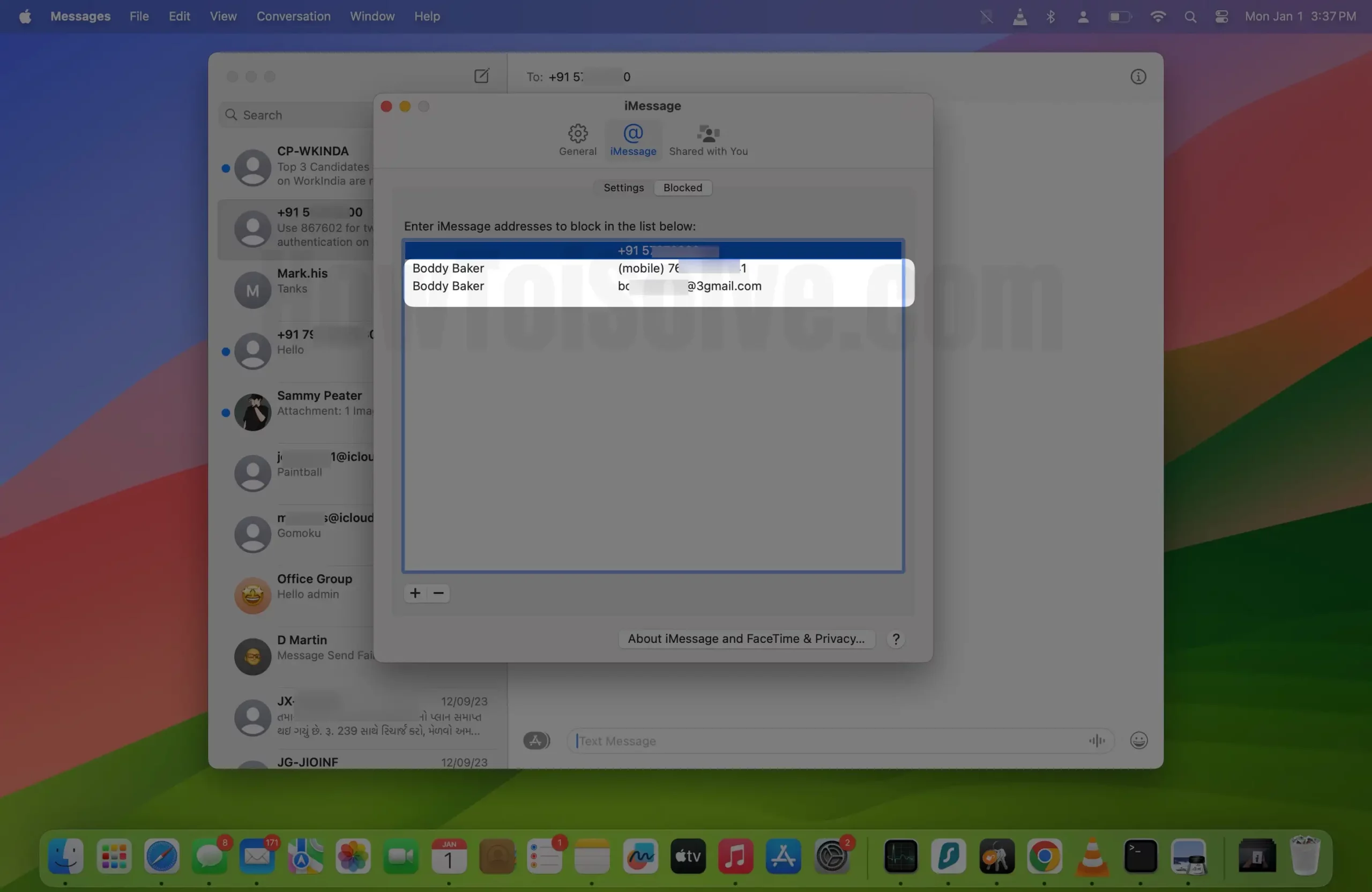 Select contacts number in messages app on mac