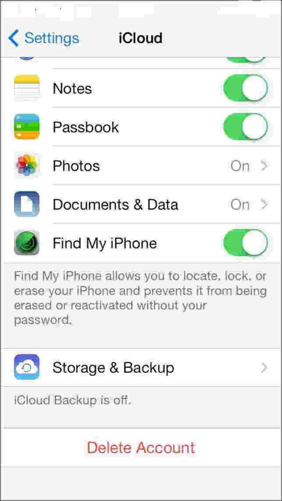 Enable iCloud for recover Deleted photos on iOS 7