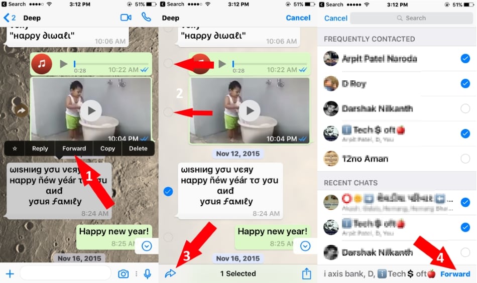 1 Forward WhatsApp message to Multiple contacts on iPhone and iPad