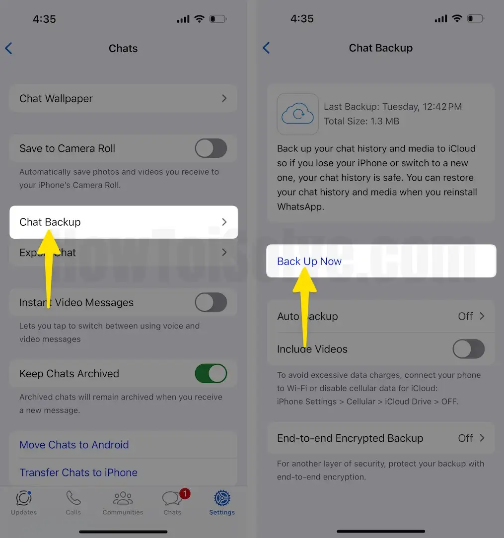 Choose chat backup select back up now on iPhone