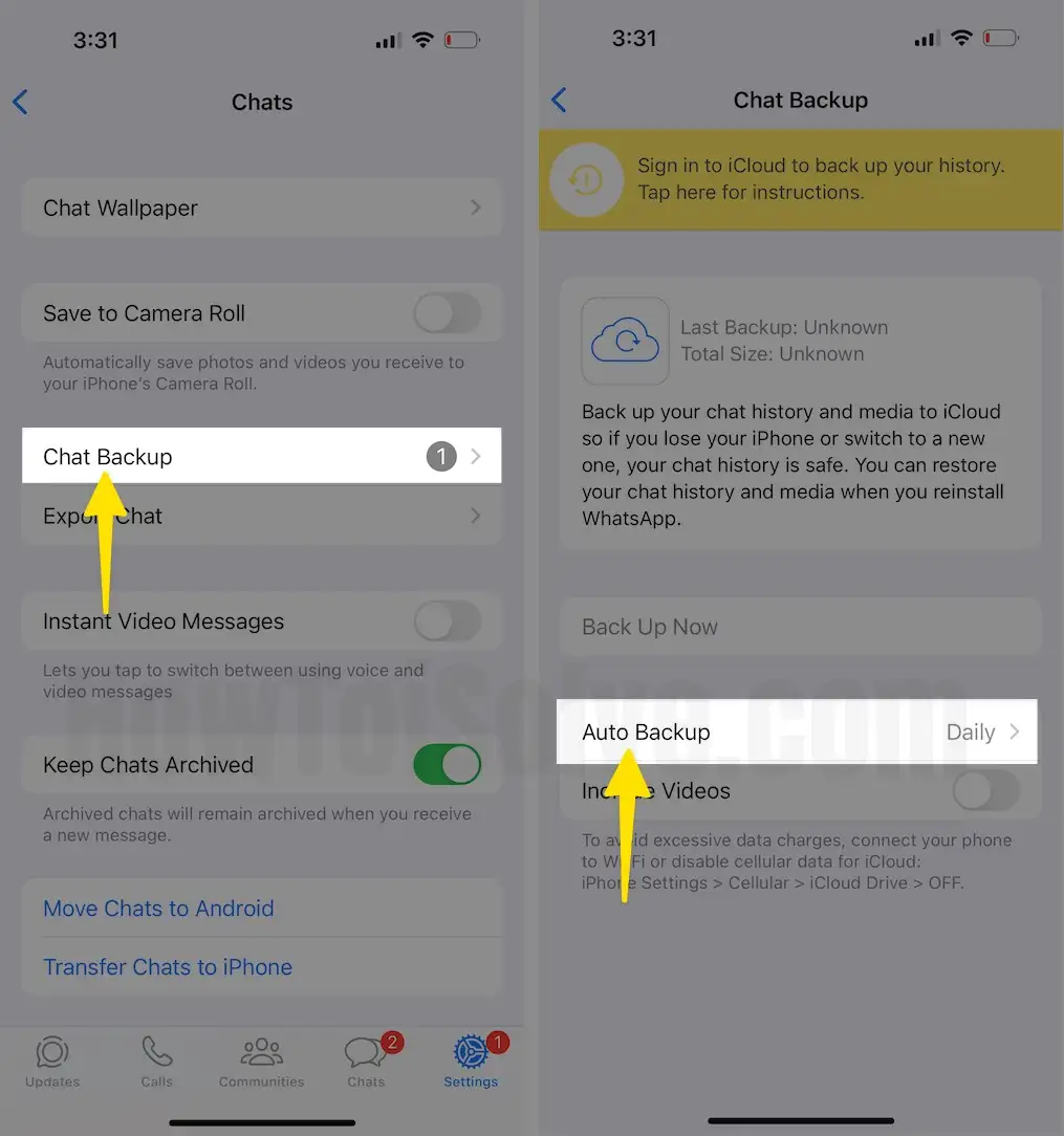 Click on Chat Backup Select Auto Backup on iPhone