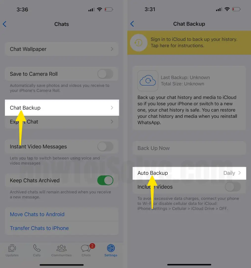 Select Chat Backup Tap on Auto Backup on iPhone