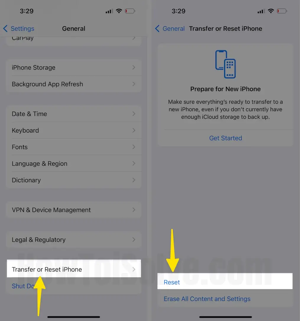 Select Transfer or Reset Tap on Reset on iPhone