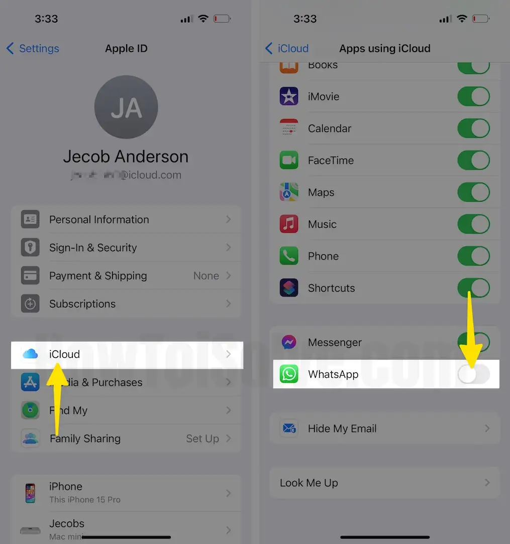 Select iCloud Disable Whatsapp on iPhone