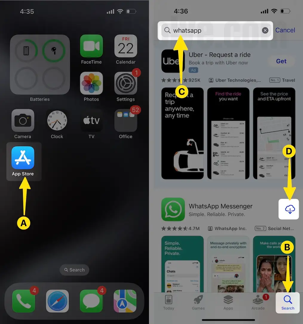 Open app store search whatsApp then download on iPhone