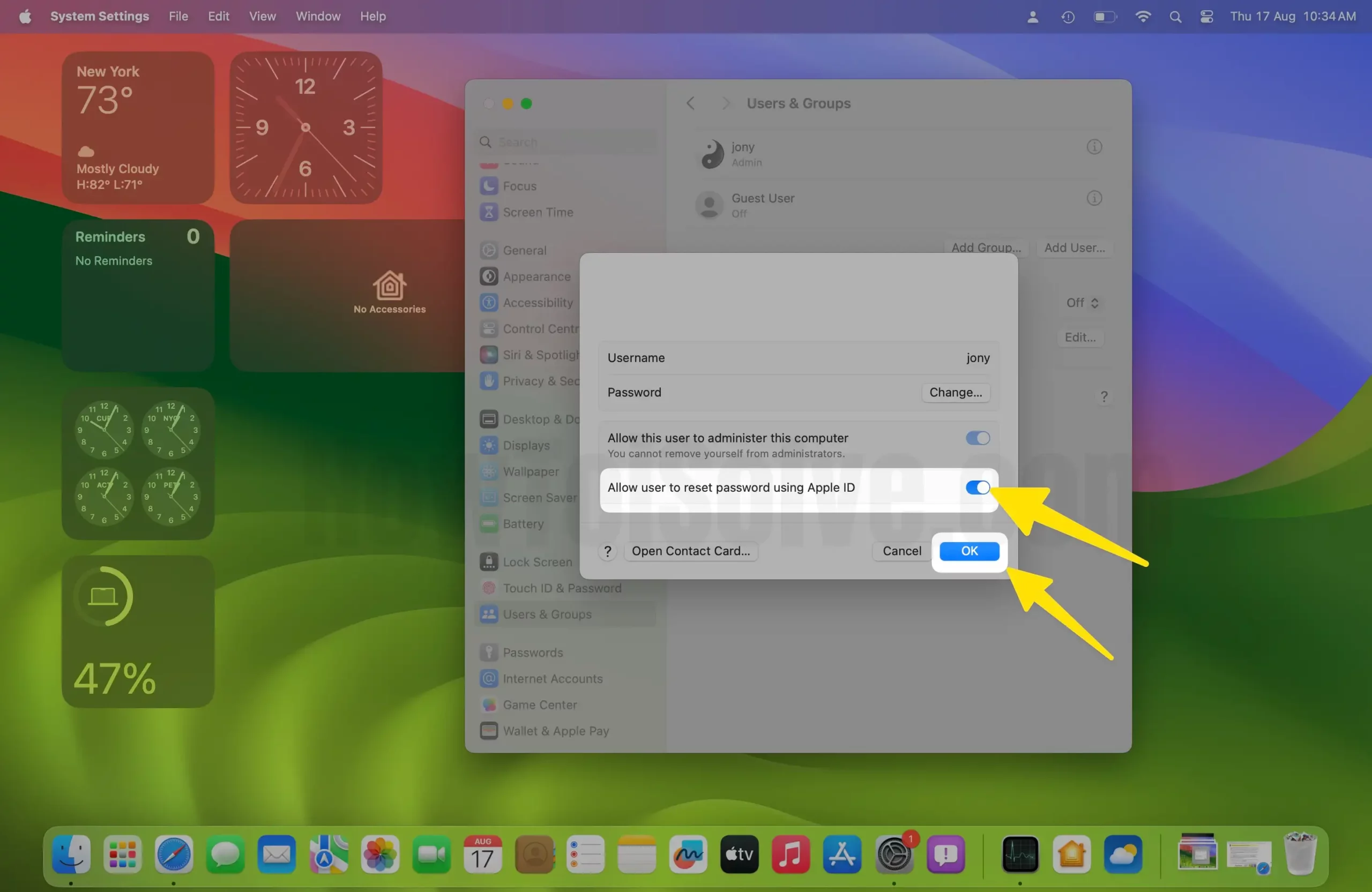 Select the check box for allow user to reset password using apple ID select OK button on mac