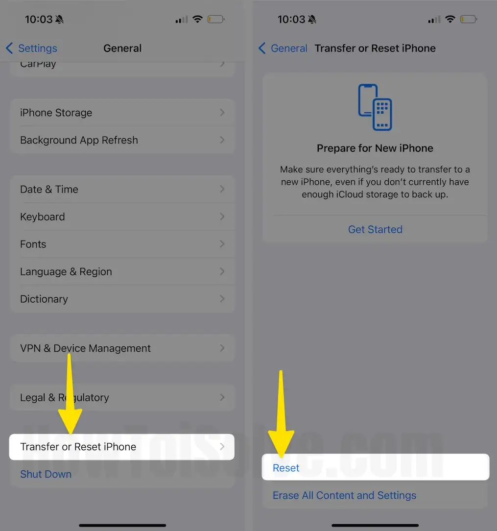 Tap on Transfer or Reset iPhone Select Reset on iPhone