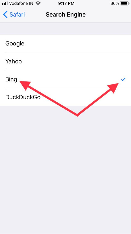 Bing - поисковая система по умолчанию для сафари на iPhone iPad iPod touch