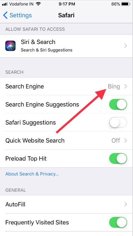 Tap on Search Engine on iPhone iOS 11 or later