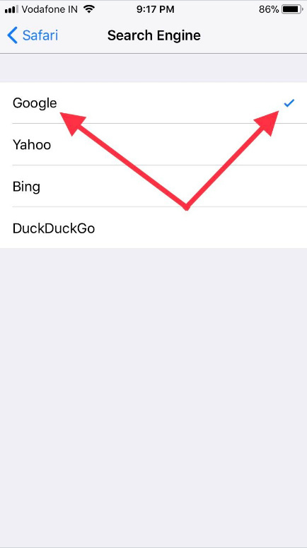 измените bing на google для изменения поисковой системы по умолчанию в Safari на iPhone iPad