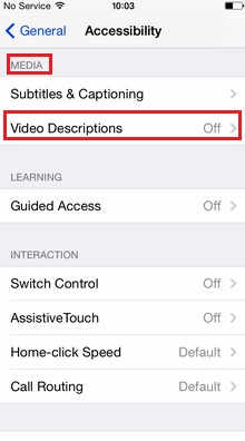 iPhone screen for enable/ Disable video description - turn On/Off Video descriptions in iOS 8