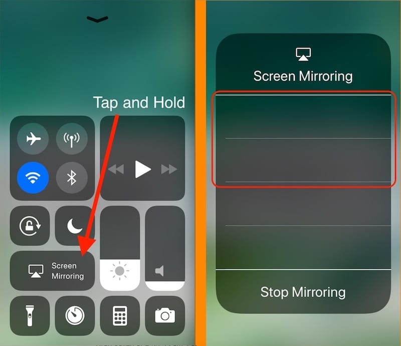 Access Screen Mirroring on iPhone control center