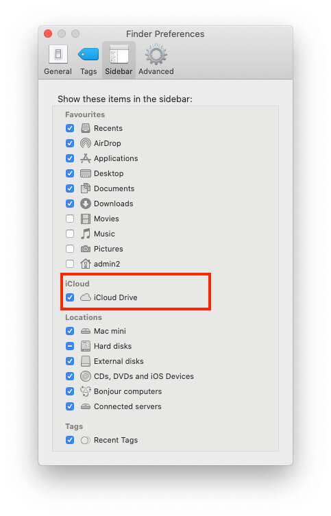 Enable iCloud Drive on Finder Preferences on Mac