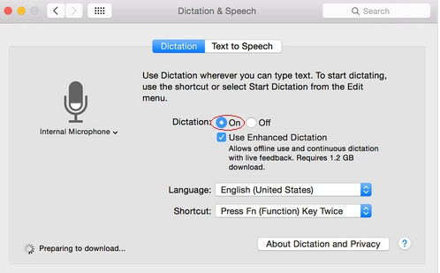 select turn on button and get advance Enhanced Dictation in OS X Yosemite