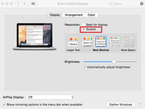 set screen resolution on 15 inch MacBook Pro using this window