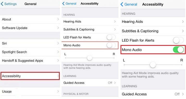 turn off, enable mono audio on iOS 8 devices