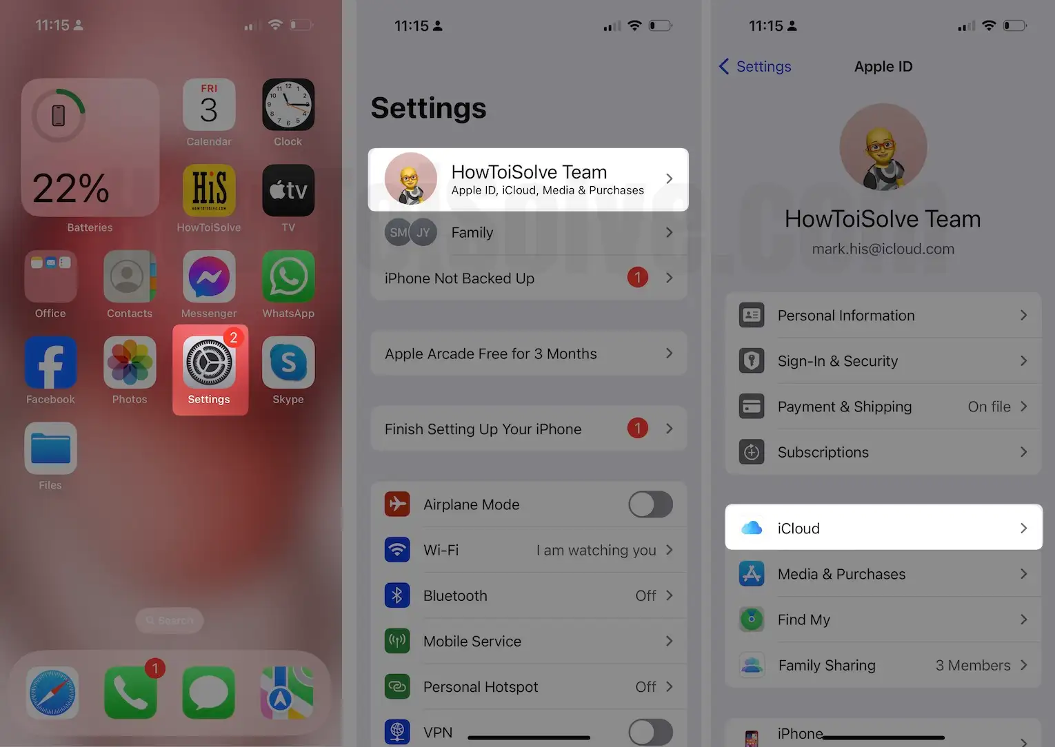 Launch the settings app tap on apple id profile name then select iCloud on iPhone