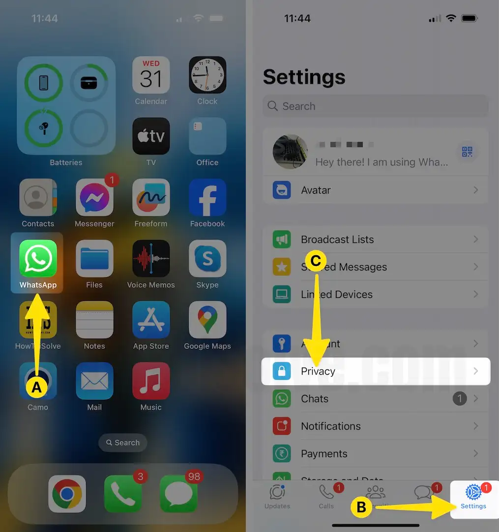 Open WhatsApp Select Settings Tap on Privacy on iPhone