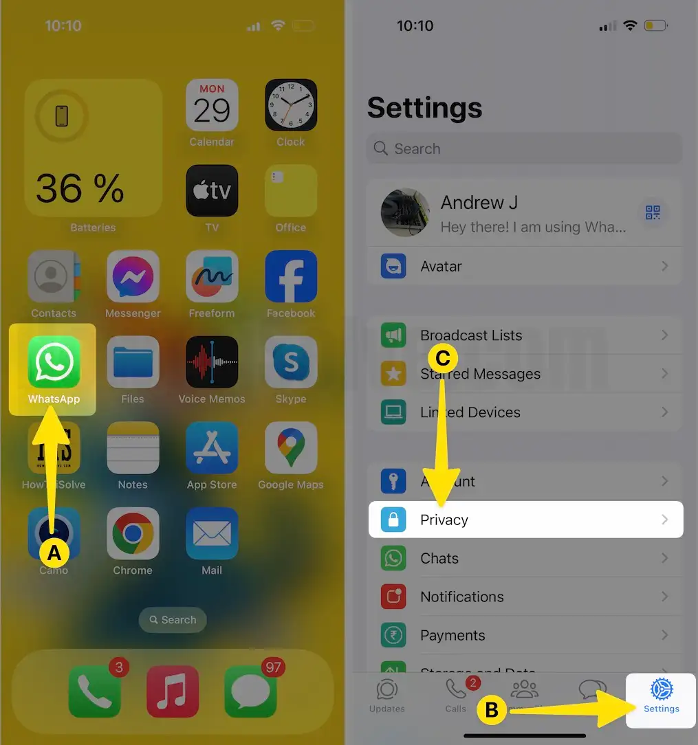 Open WhatsApp Select Settings on iPhone
