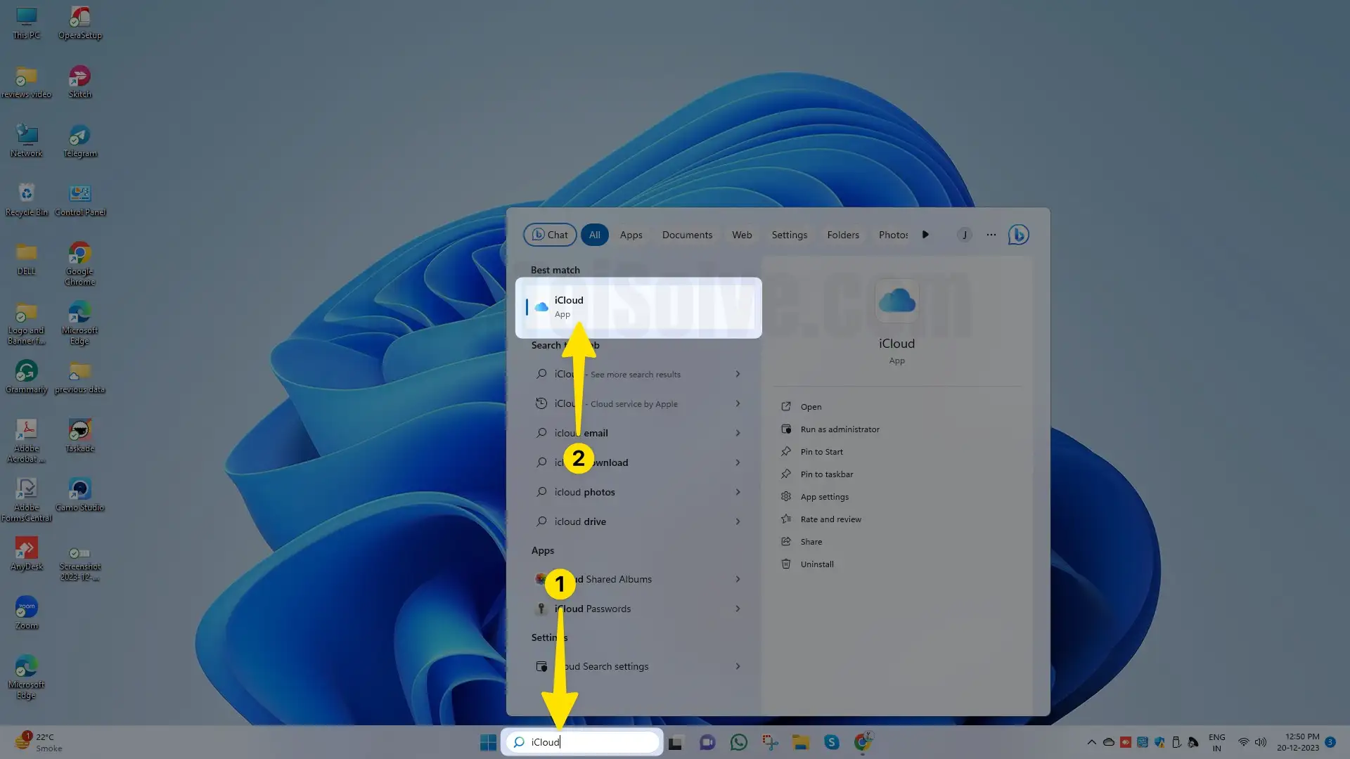 Open search bar is iCloud on mac