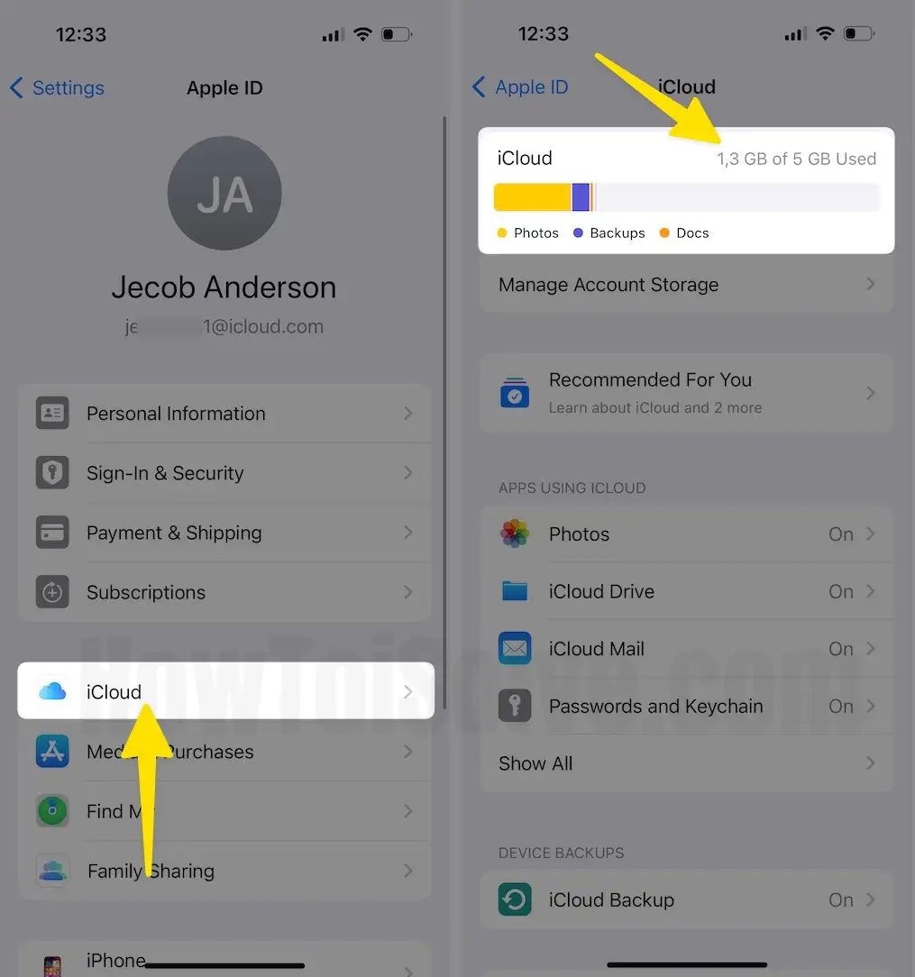 Click on iCloud then see free space on iPhone