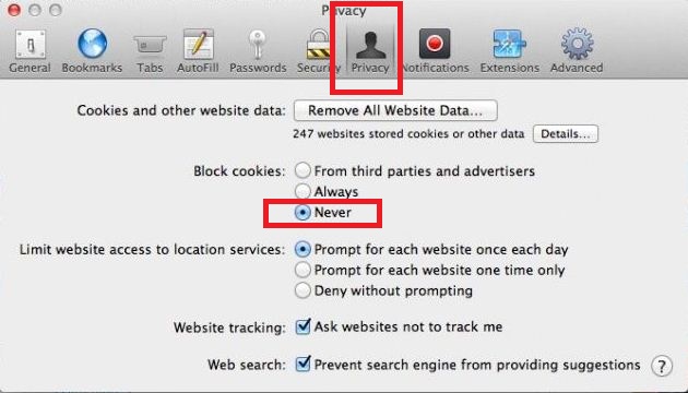 Safari settings option for Cookies and Reset safari on Mac and PC