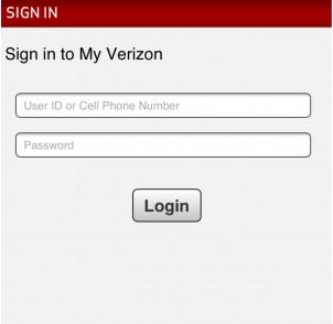 Login screen for iPhone Verizon app 