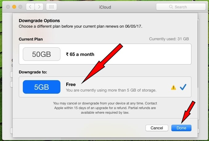 Choose different Apple iCloud Storage plan to Downgrade