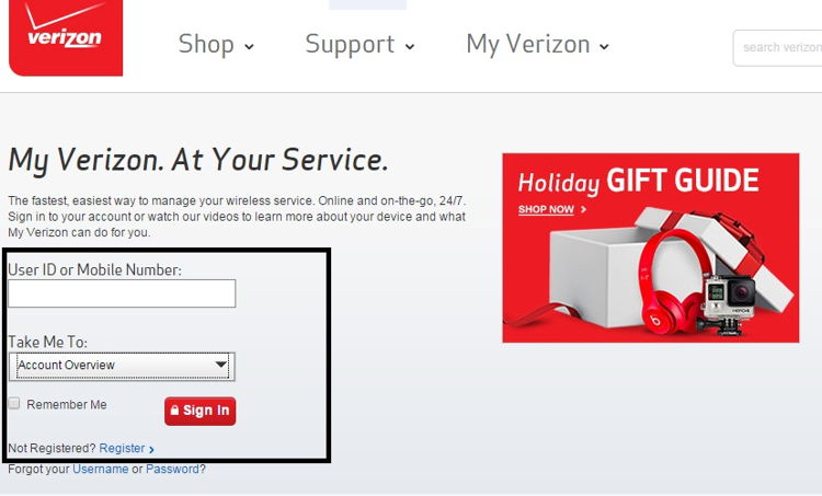 Verizon login screen from your browser to check your account details