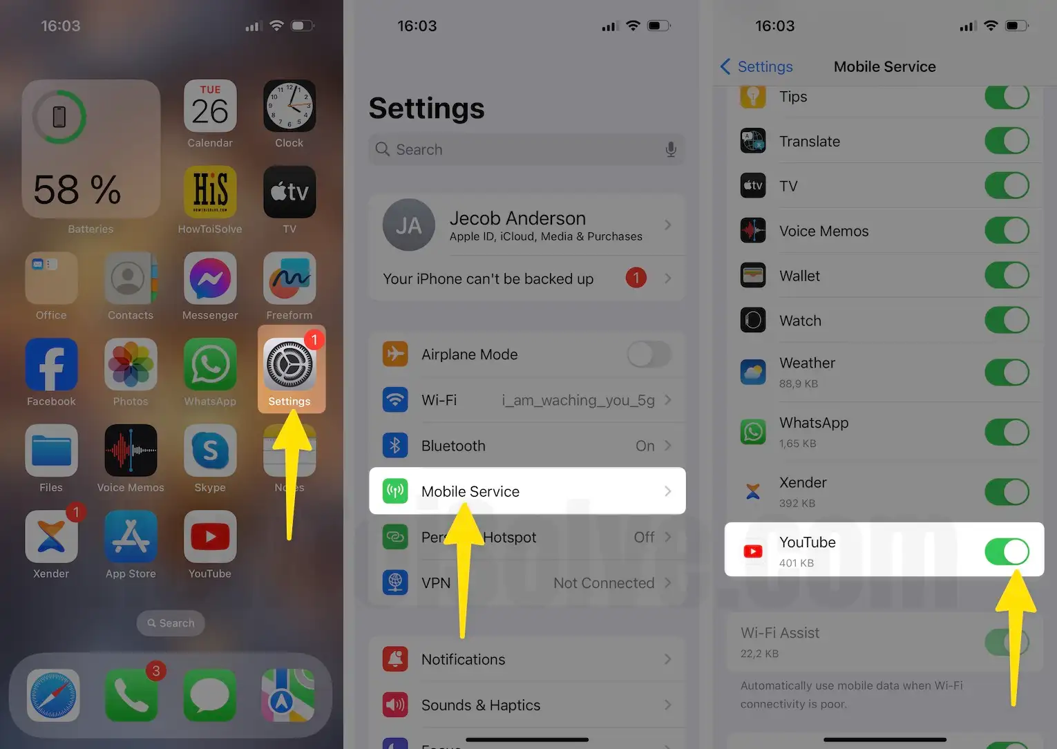 Launch the settings app tap on mobile service turn on youtube on iPhone