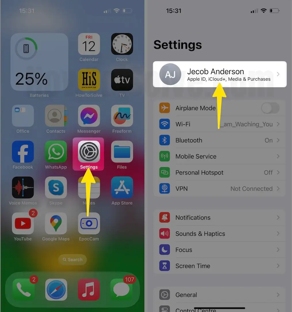 Open Settings Select Apple ID on iPhone