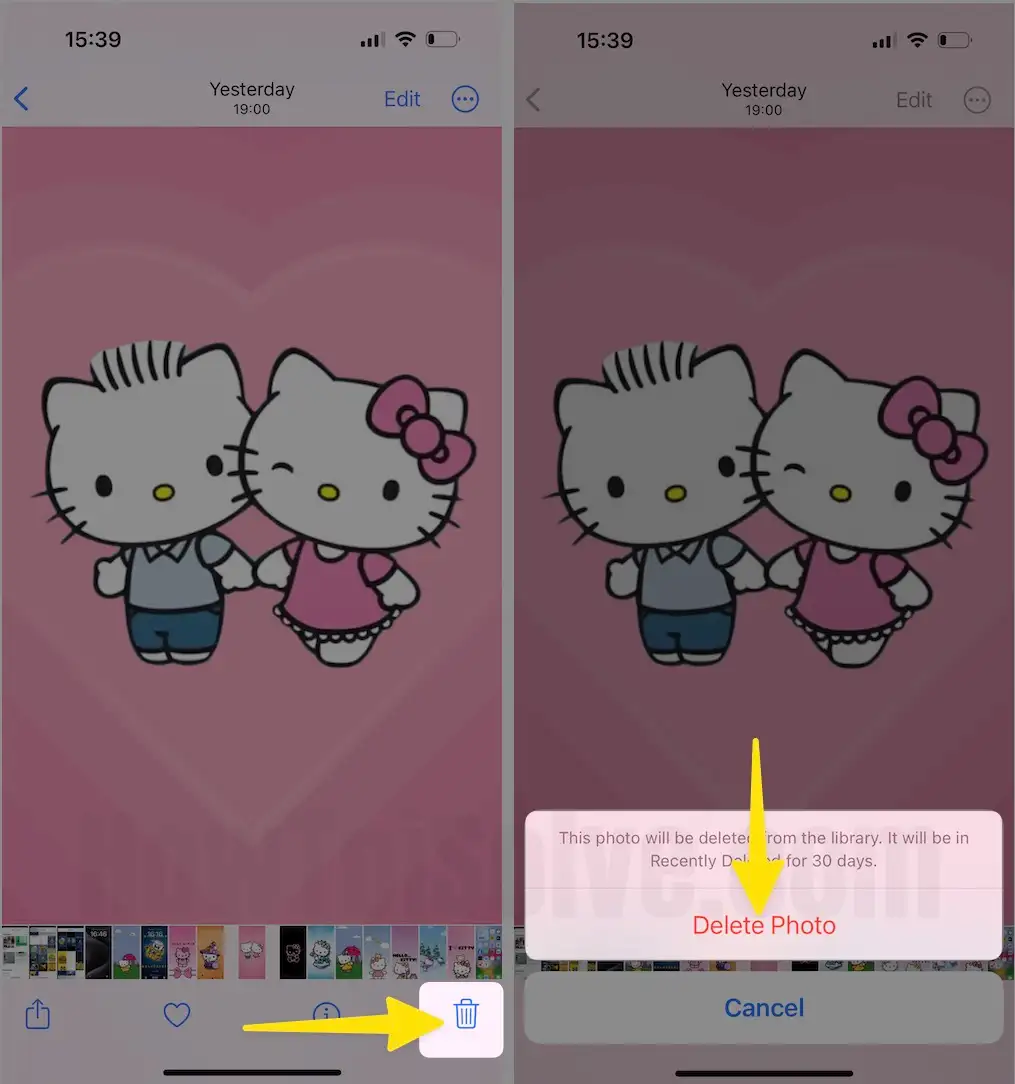 Select Delete Icon Confirm to Tap on Delete Photo on iPhone