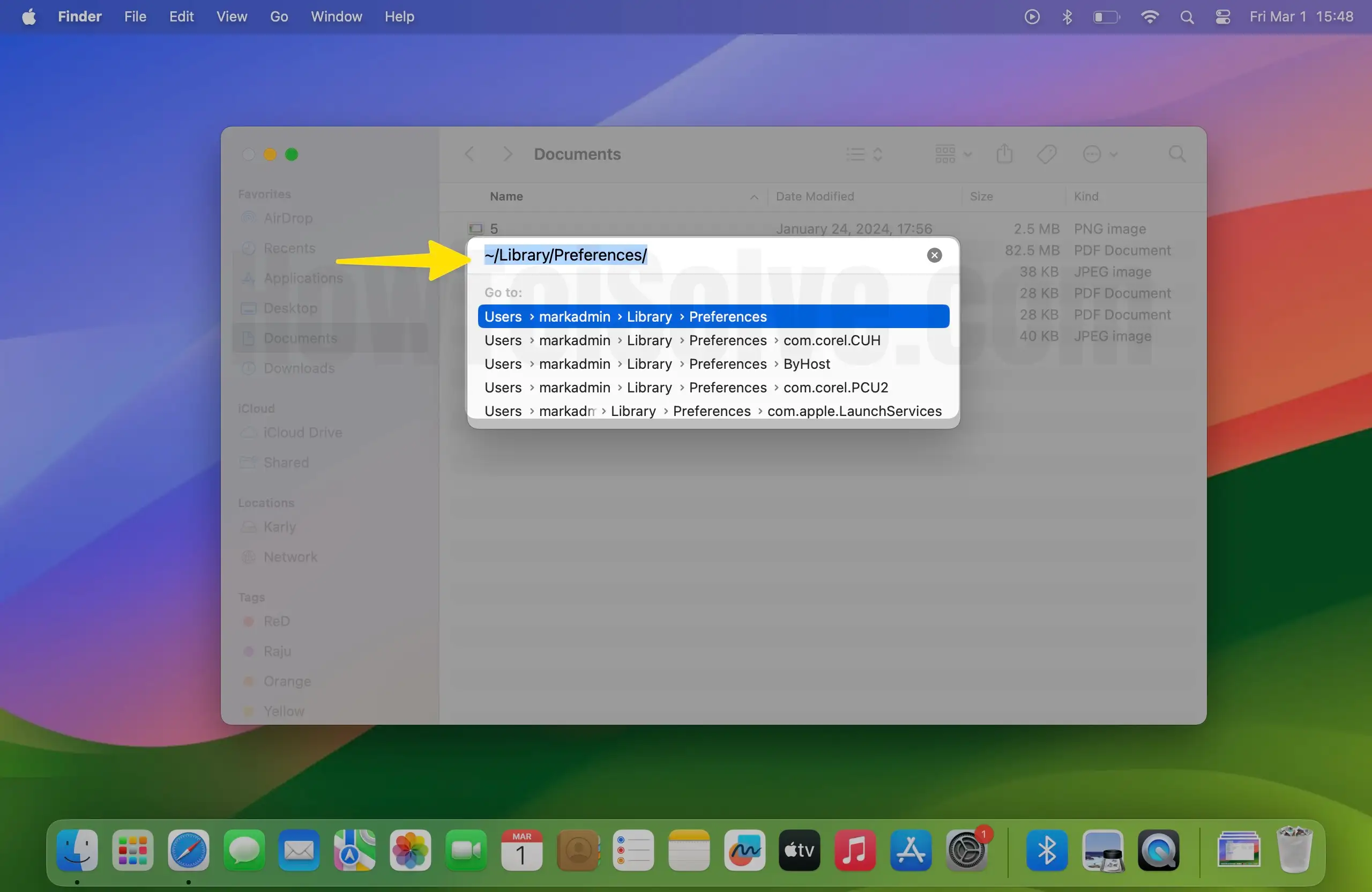 Type :Library:Preferences: Hit the return on Mac