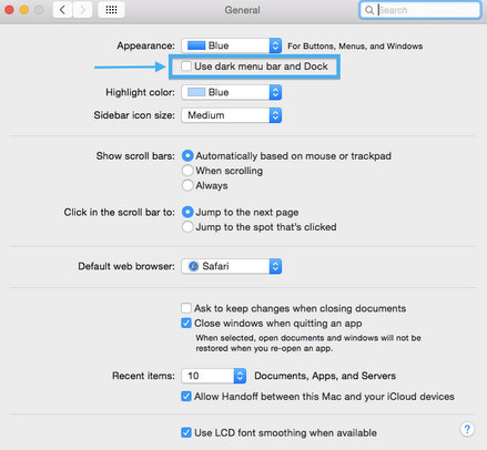 picture of turn on dark mode on mac OS x Yosemite 