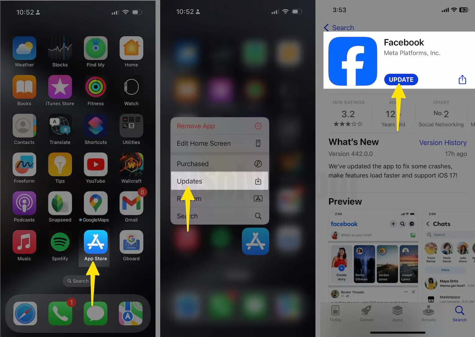 Press and Hold App Store Tap on Updates Click on Facebook App Updates on iPhone