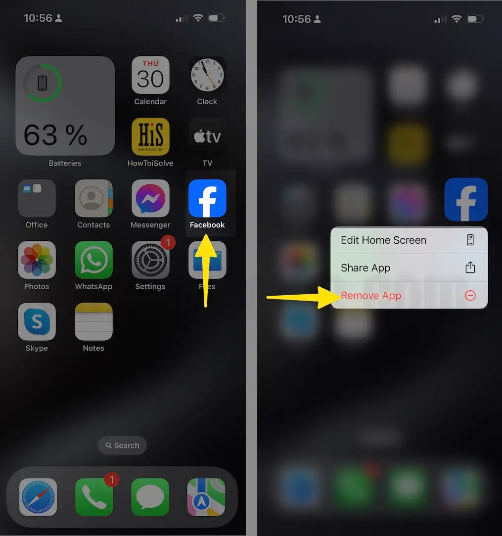 Press and Hold Facebook App Icon Tap Remove App on iPhone