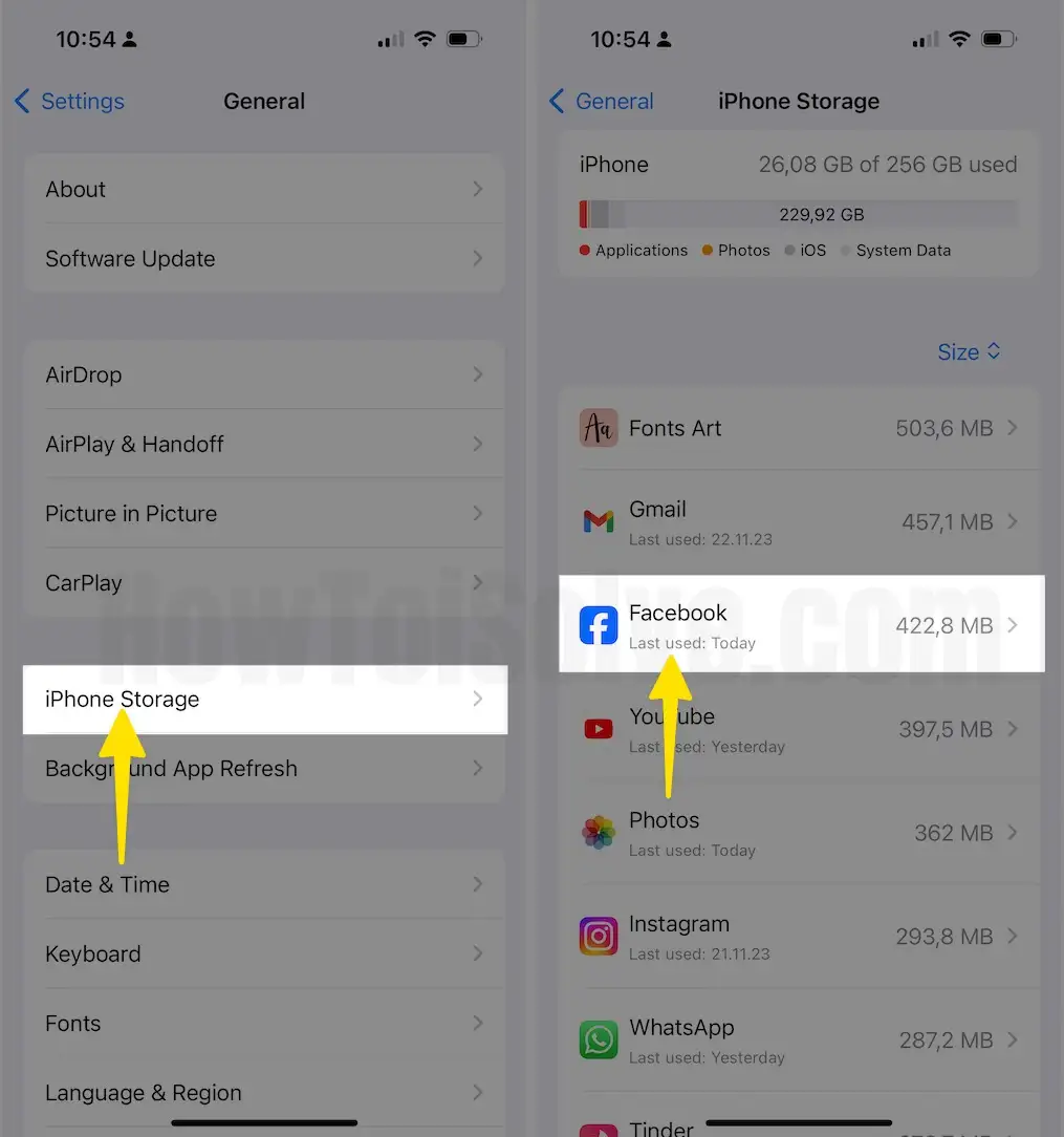 Select iPhone Storage Tap Facebook on iPhone
