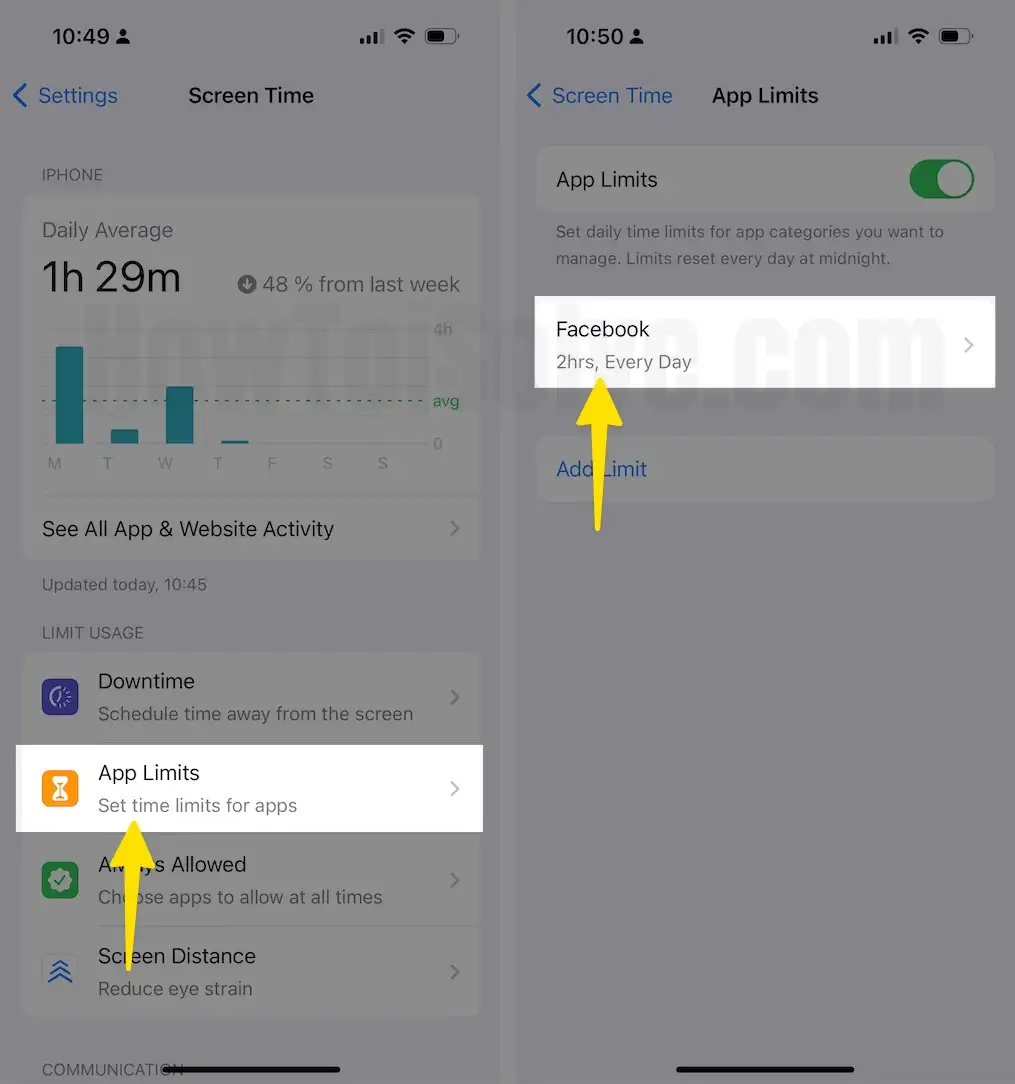 Tap App Limits Click Facebook on iPhone