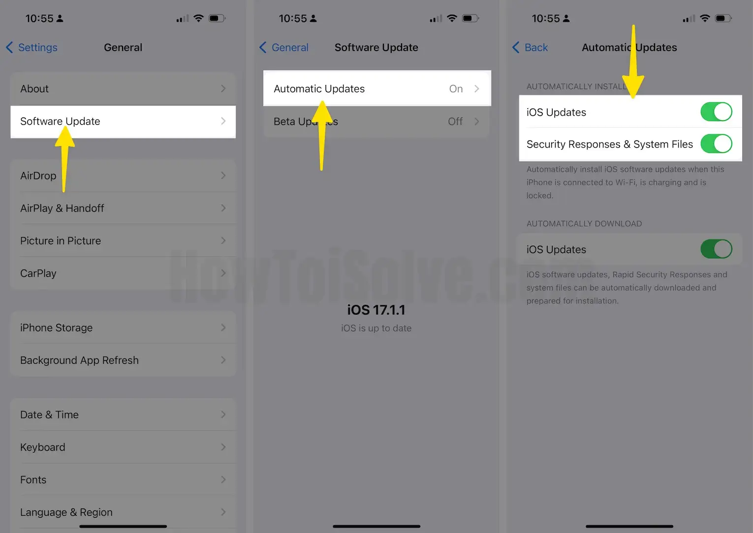 Tap Software Update Select Automatic Updates Tap on Automatic Install on iPhone